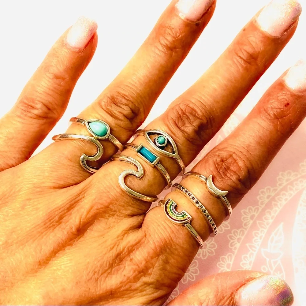 Rainbow Sky Turquoise Stone Silver Ring Set 8pc - Picture 2 of 5